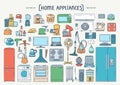 Vector colorful hand drawn set on the theme of home appliances. Isolated cartoon doodles of electronics. Line art Royalty Free Stock Photo